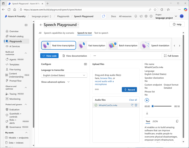 Screenshot of the Real-time transcription interface in the Speech playground.