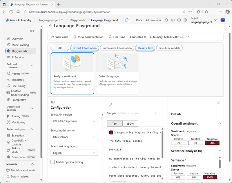 Screenshot of the Seniment analysis interface in the Language playground.