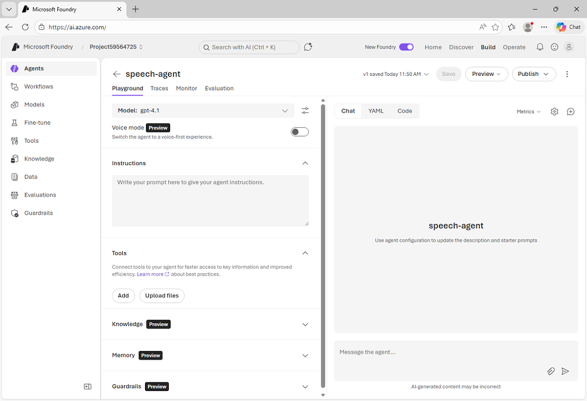 Screenshot of the agent playground.
