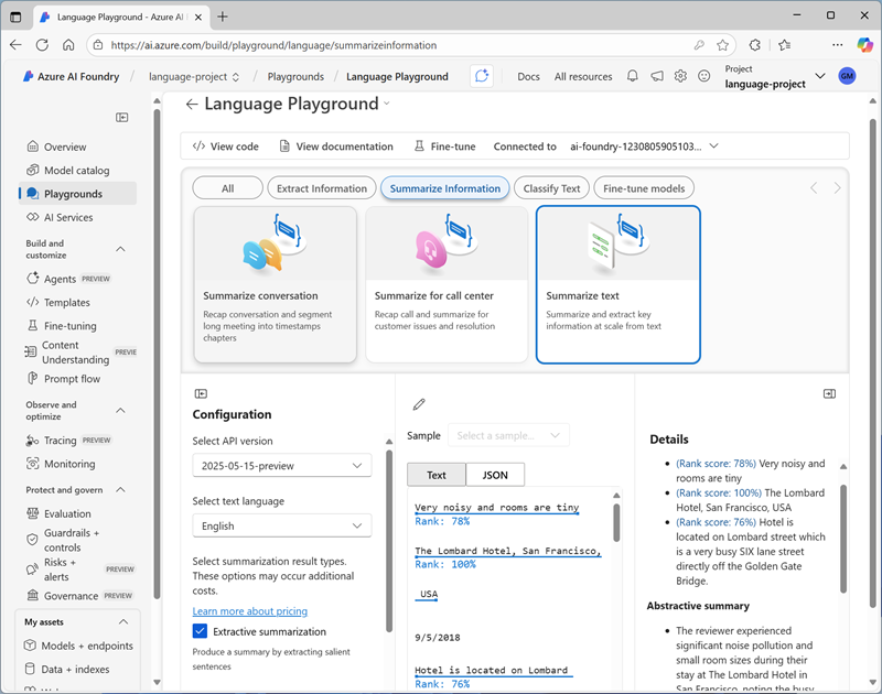 Screenshot of the Summarize text interface in the Language playground.