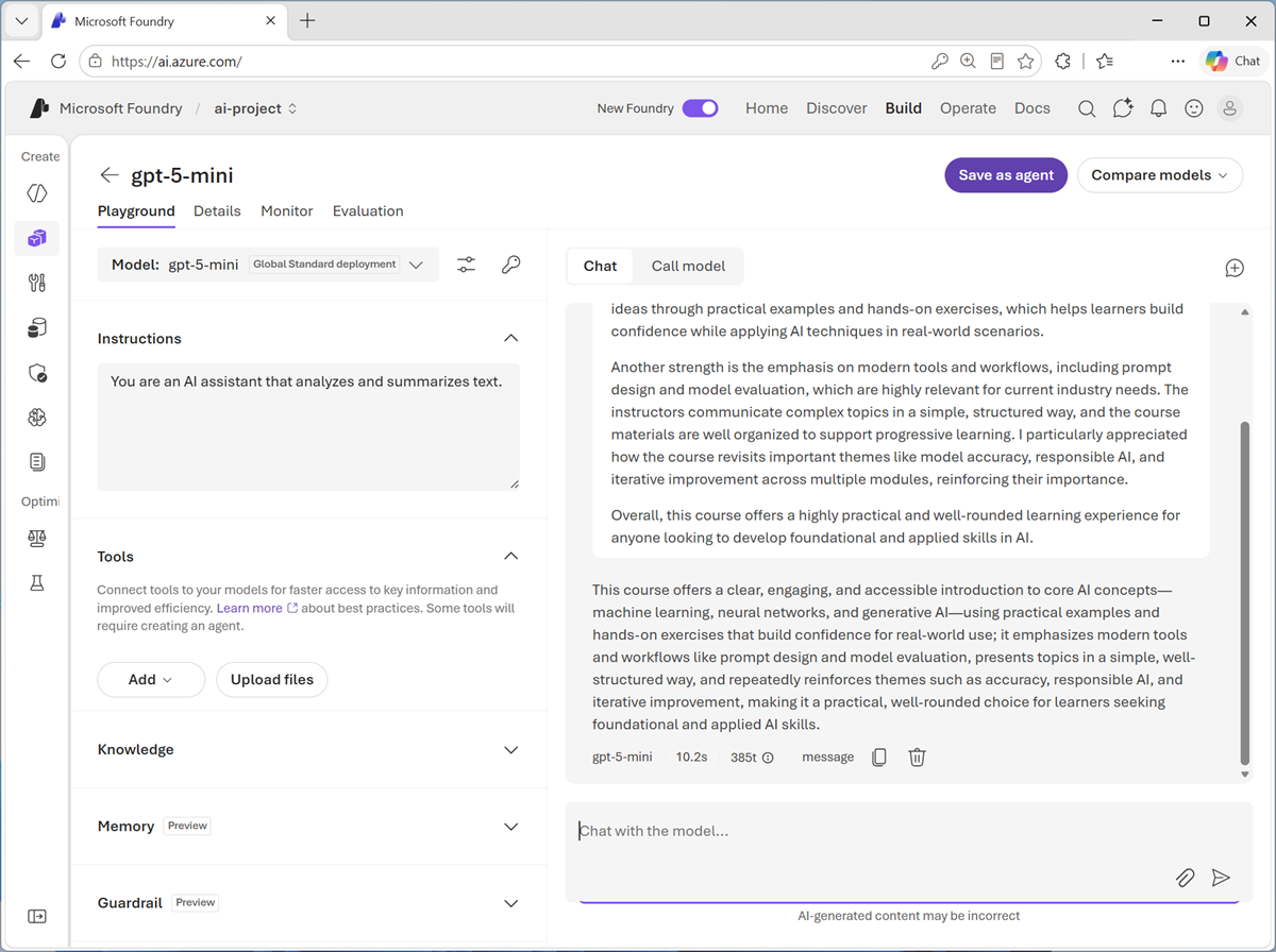 Screenshot of text summarization results in the chat playground.