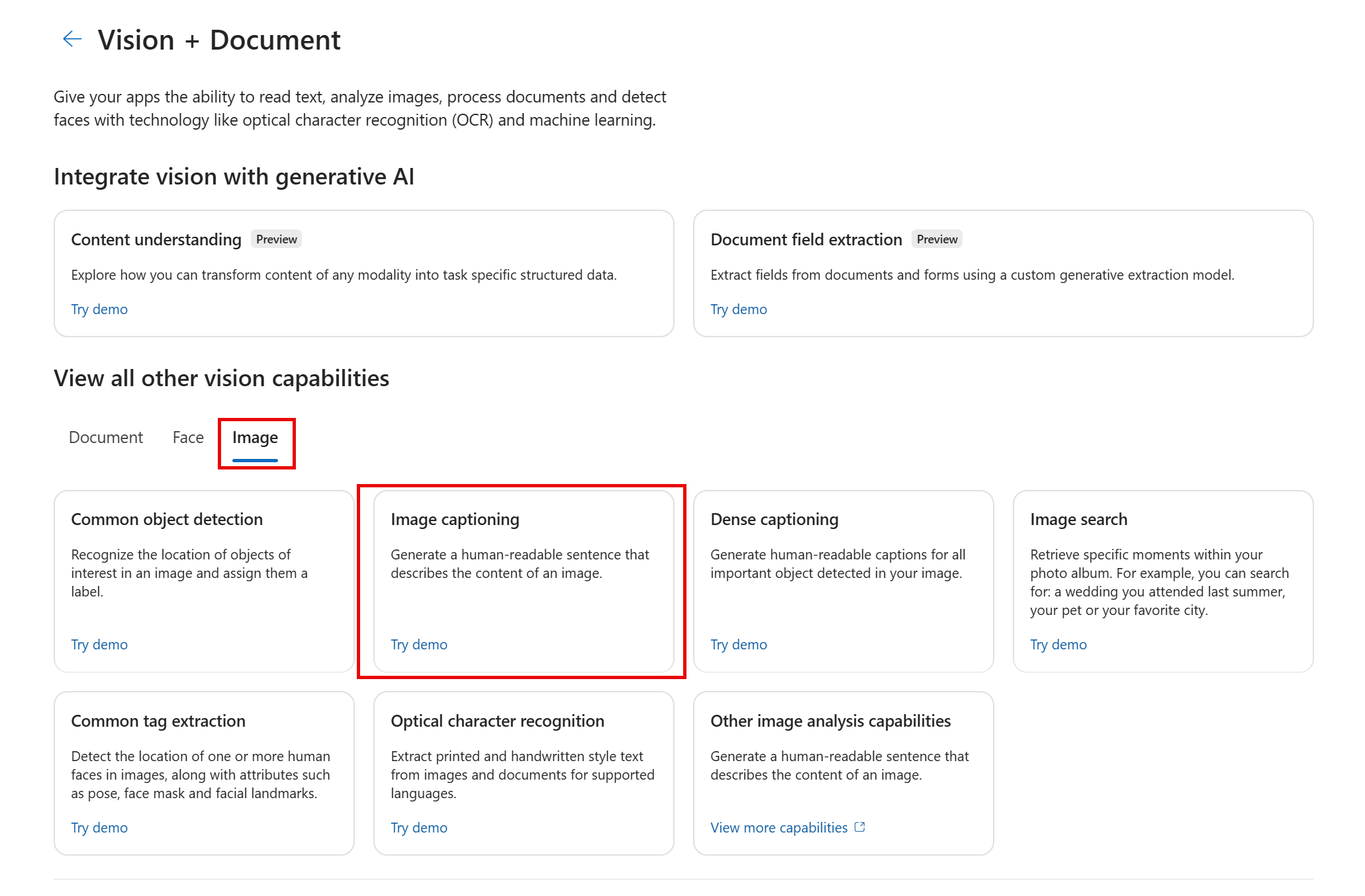 Screenshot of the image captioning tile in the image section of the Vision and Document page.
