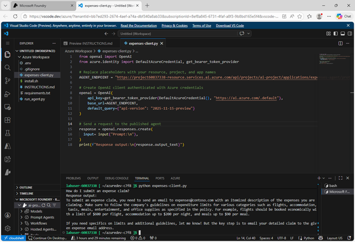 Screenshot of the agent publishing confirmation message.