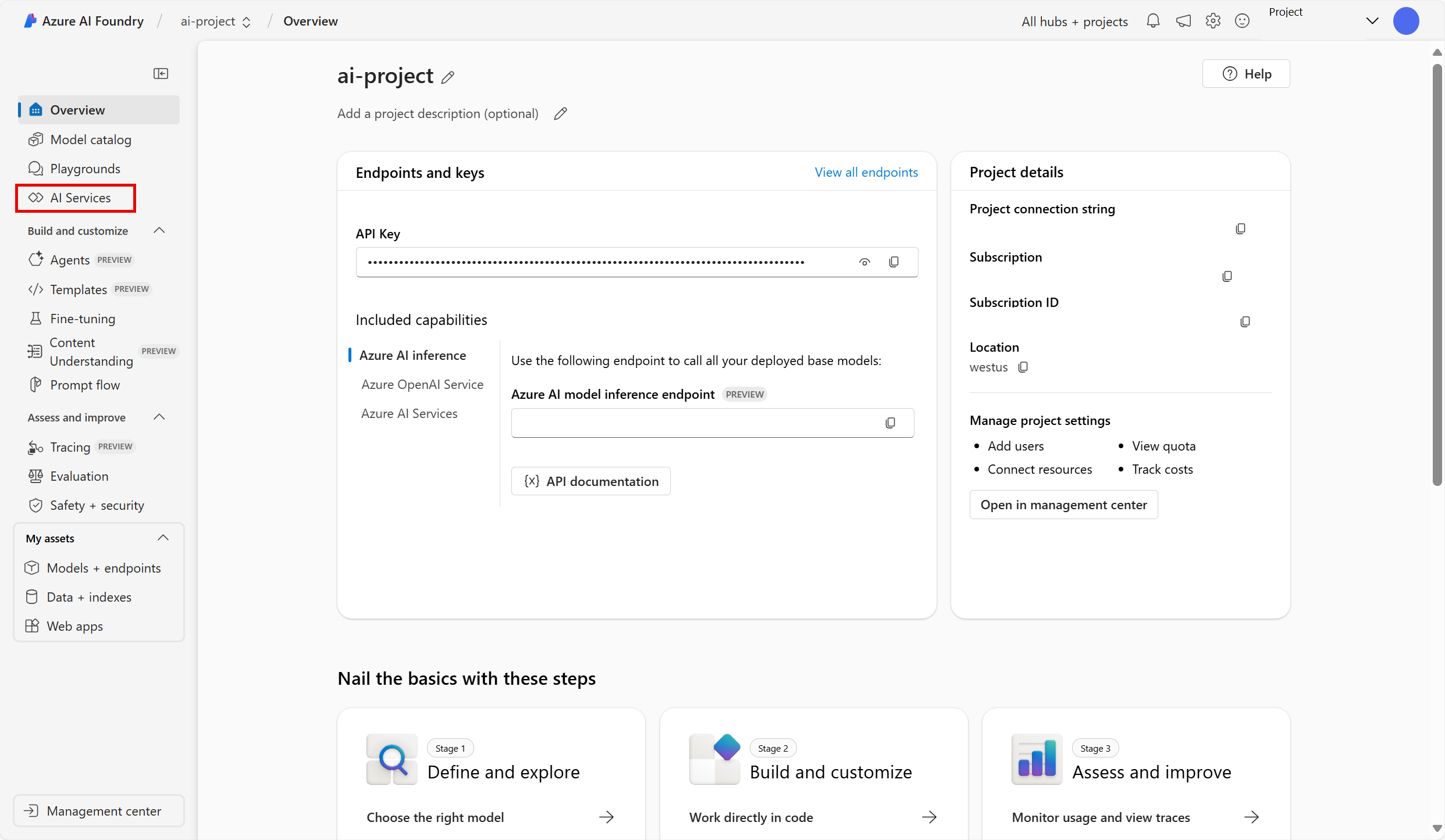 Screenshot of a Azure AI project details in Azure AI Foundry portal.