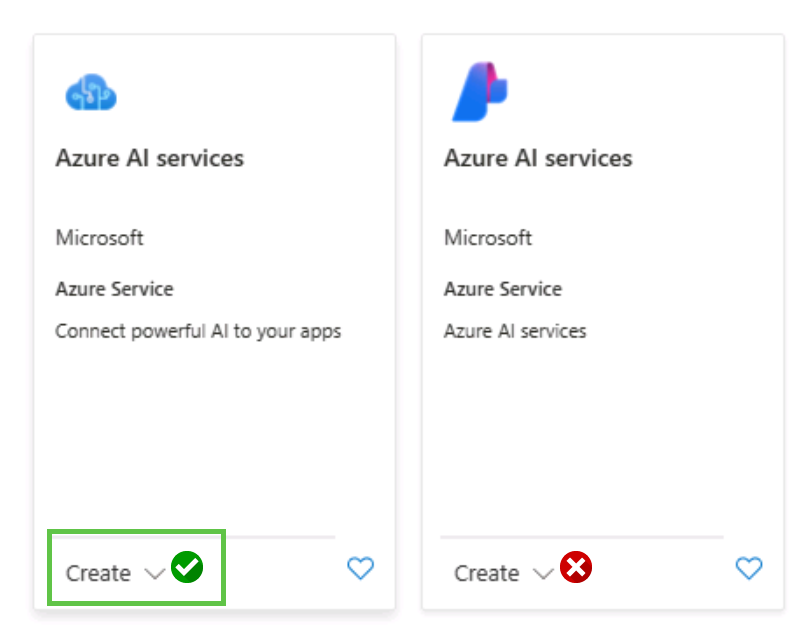 A screenshot of the two Azure AI services resources in the marketplace, with an indication to select the one with a blue logo.