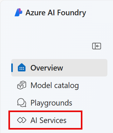 Screenshot of the left-hand menu on the project screen with AI Services selected.