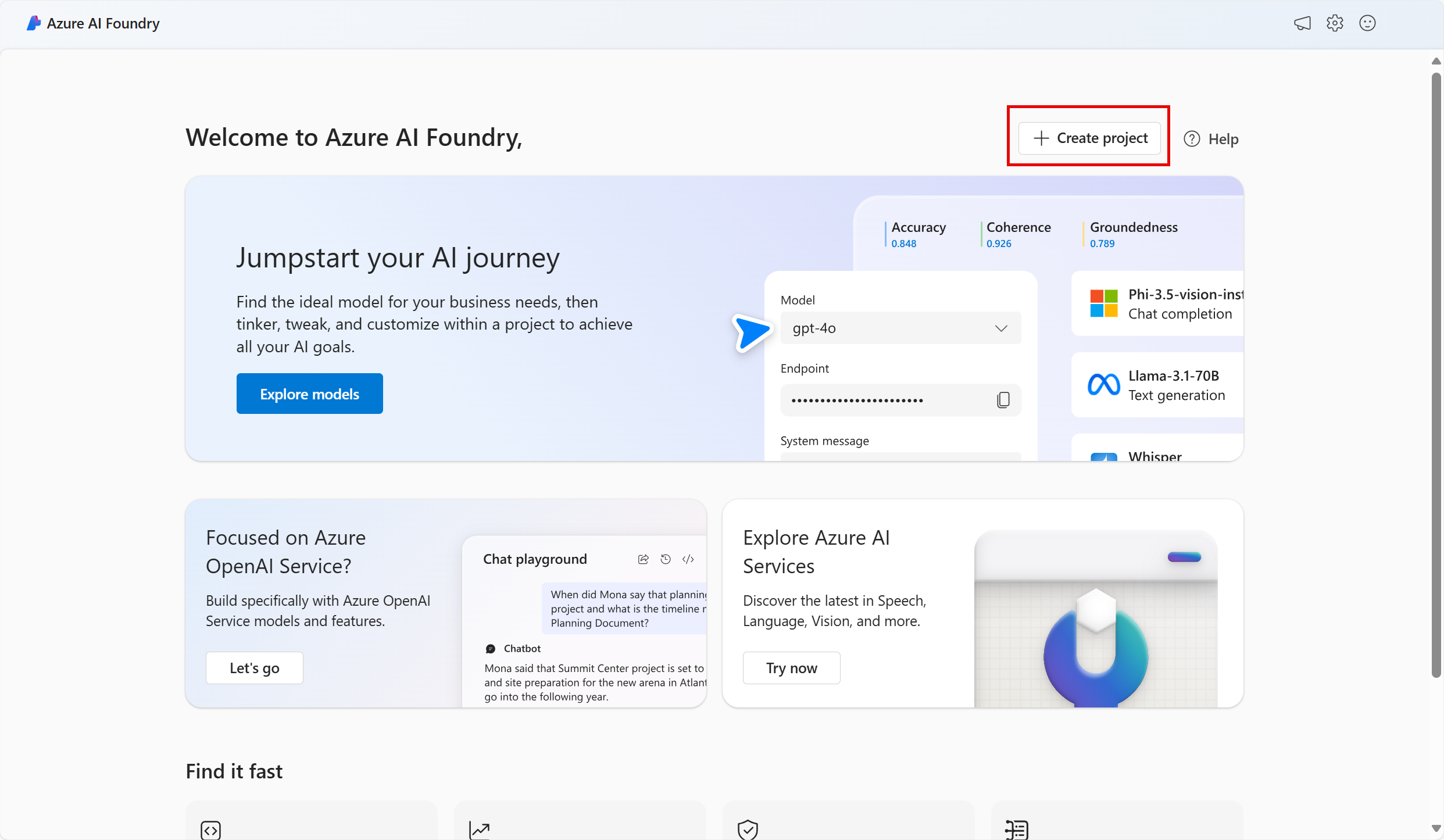 Screenshot of Azure AI Foundry home page with create a project selected.