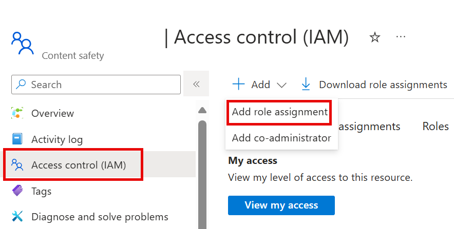 Screenshot of where to select add role assignment in the Access Control pane.