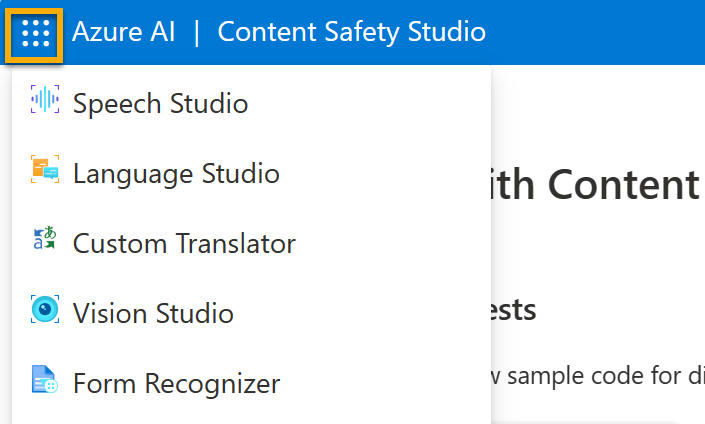 A screenshot of the Content Safety Studio's menu with a toggle selection open to switch to other studios.