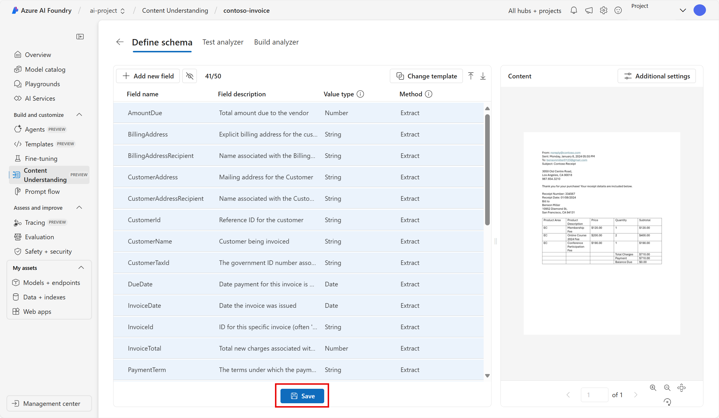 Sceenshot of the define schema page after selecing create.