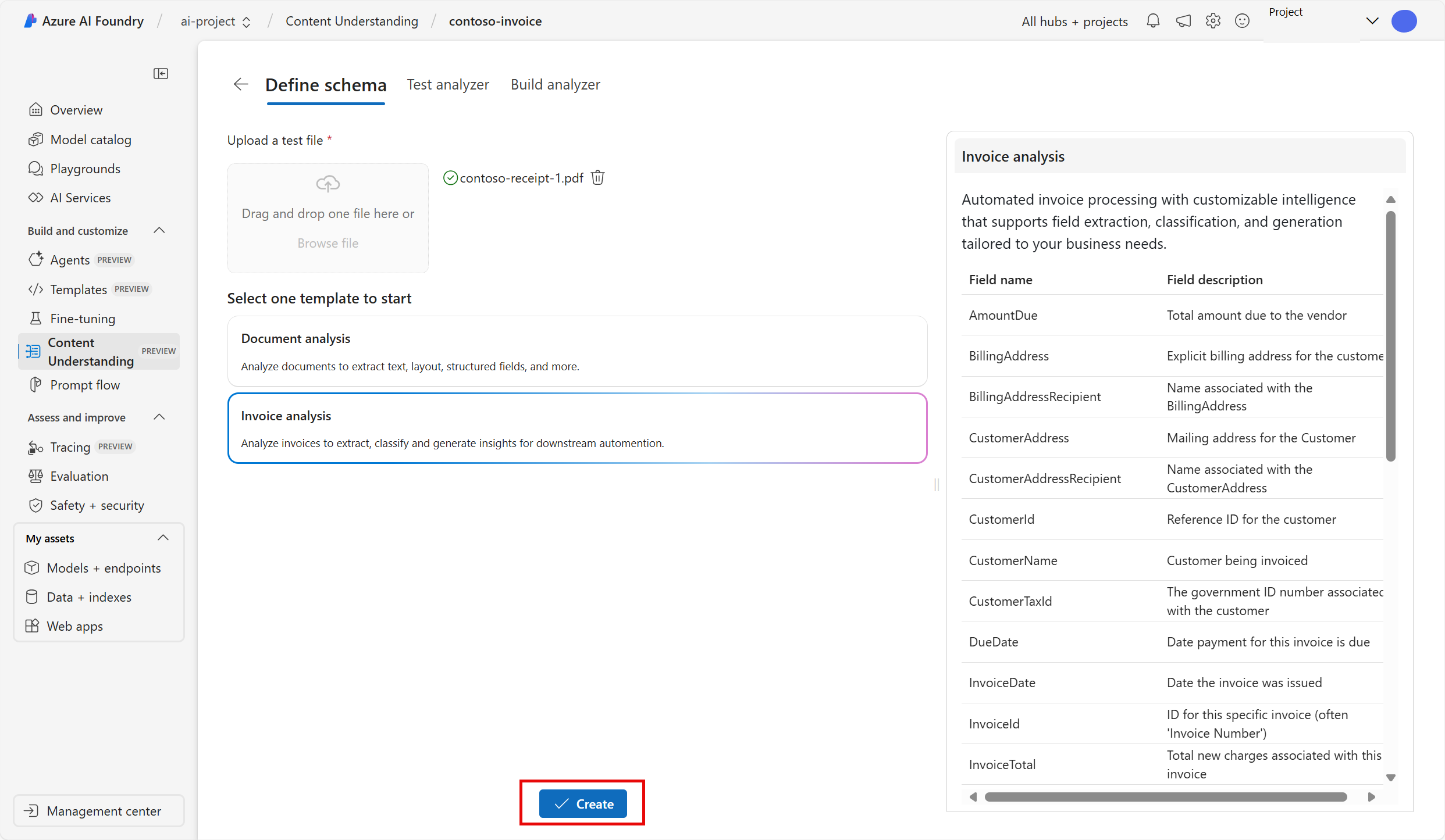Screenshot of the define schema page in the content understanding tool.