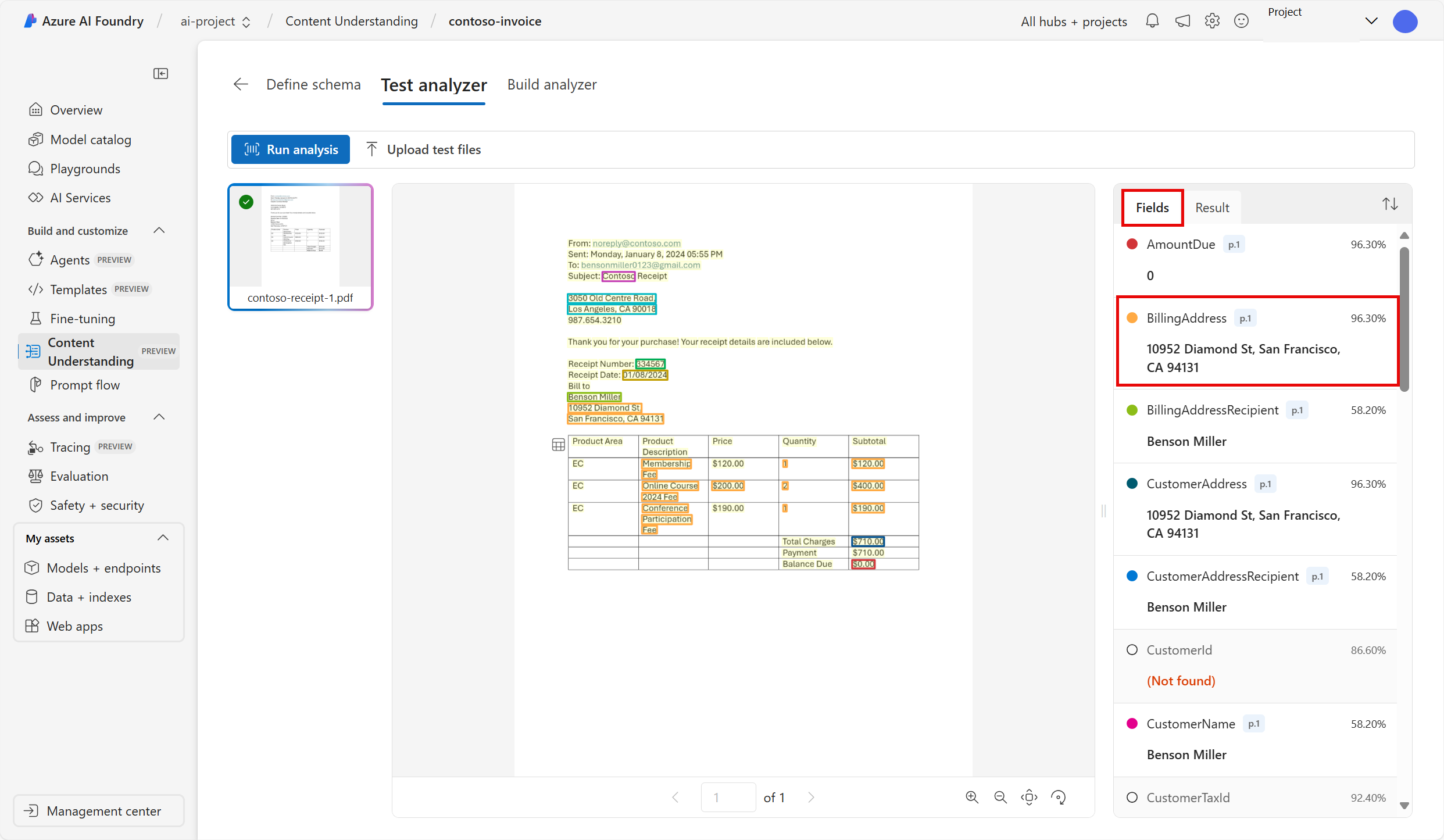 Screenshot of the test analzyer page with the field results tab highlighted.