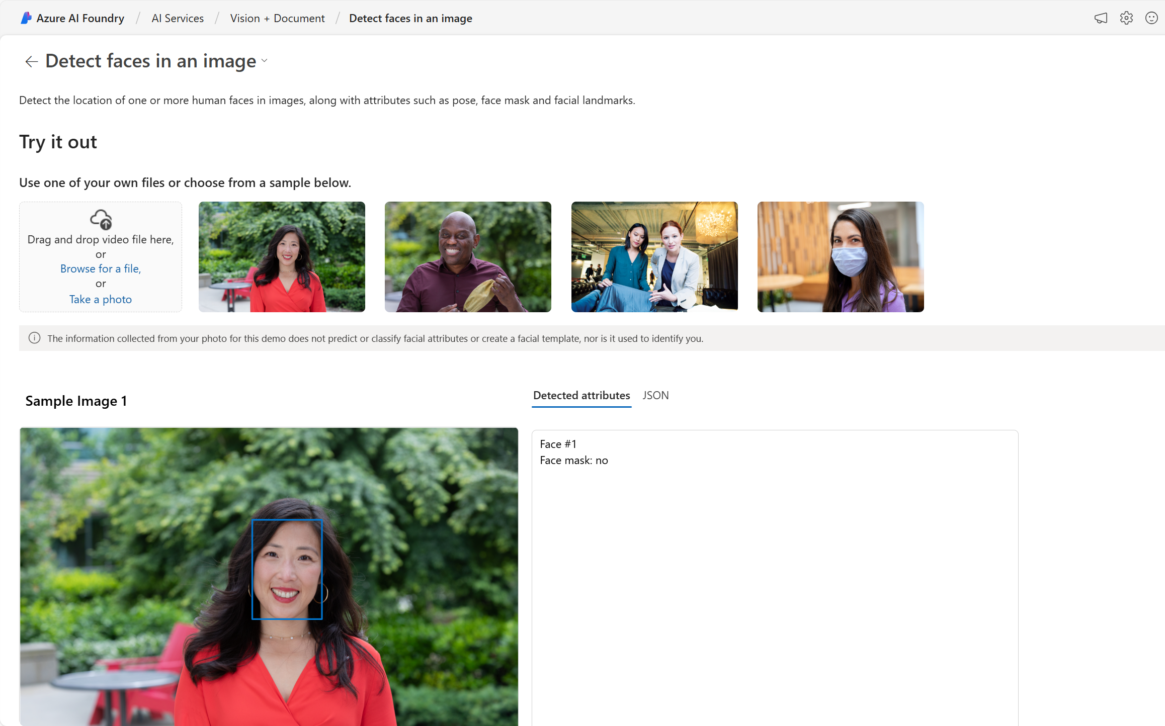 Screenshot of the detect faces demo in Azure AI Foundry portal.