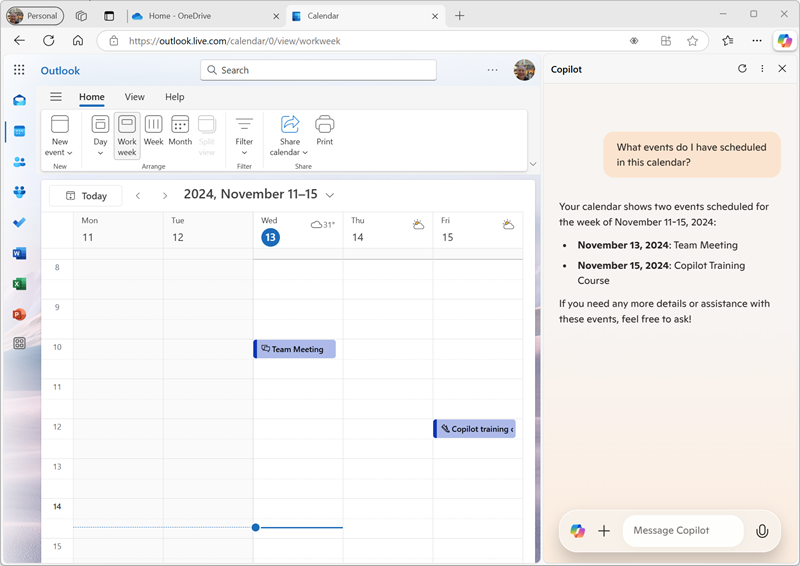 Screenshot of an Outlook calendar with Copilot identifying events.