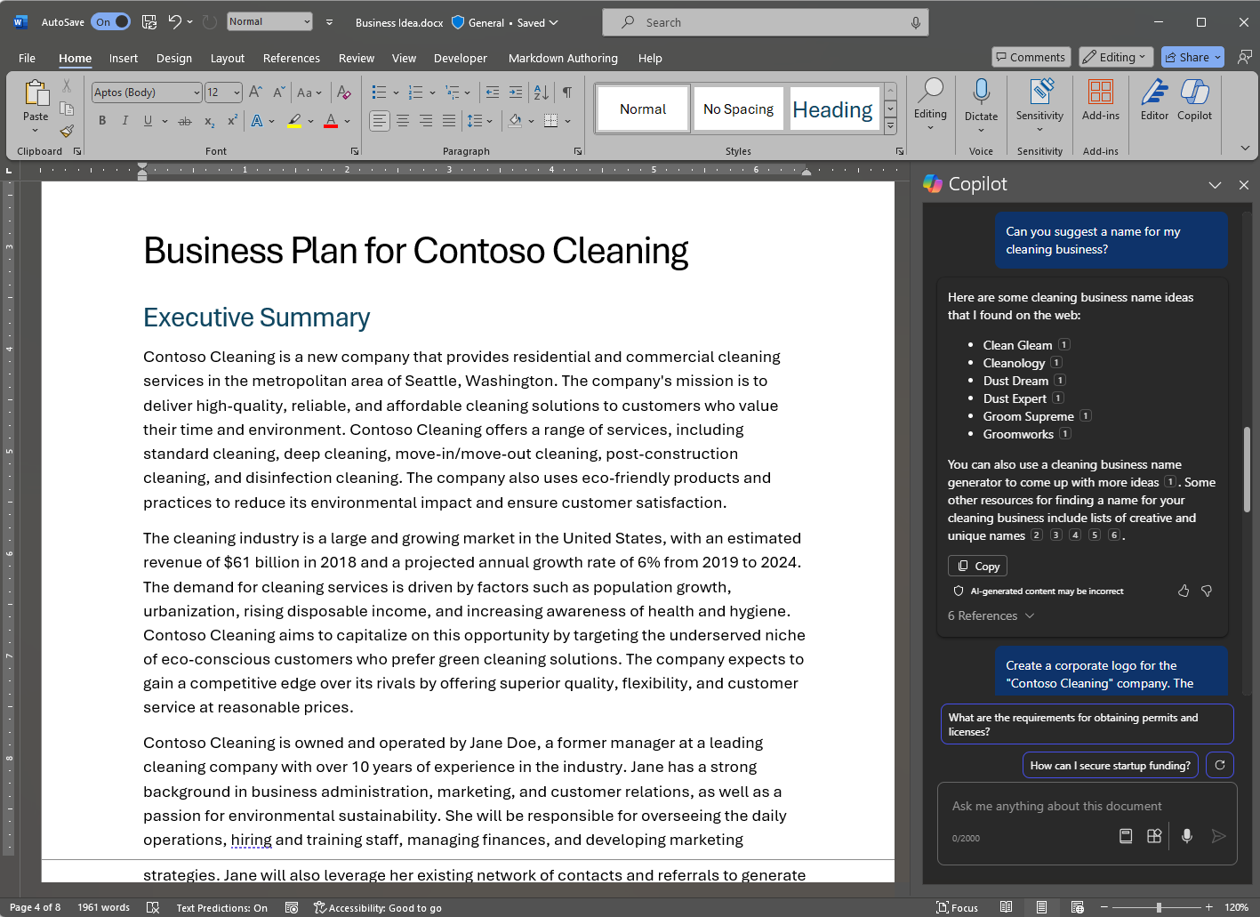 Screenshot of a Word document with a Copilot-generated business plan.