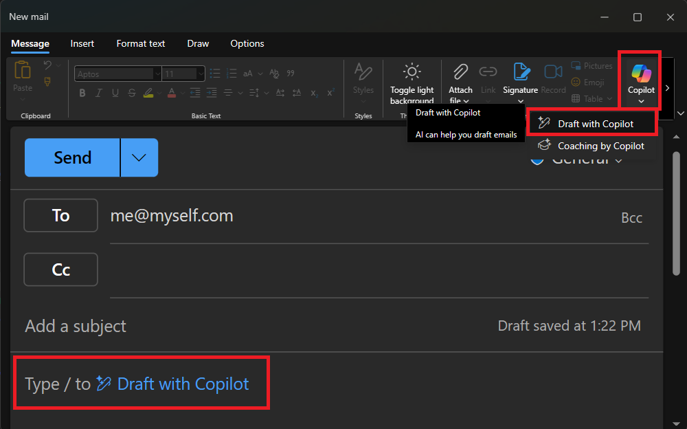 Screenshot of Outlook and the options to draft an email with Copilot.