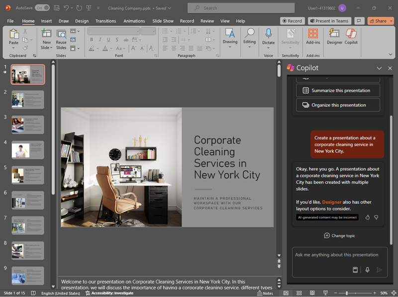 Screenshot of Copilot generating a new image and adding it to the slide.