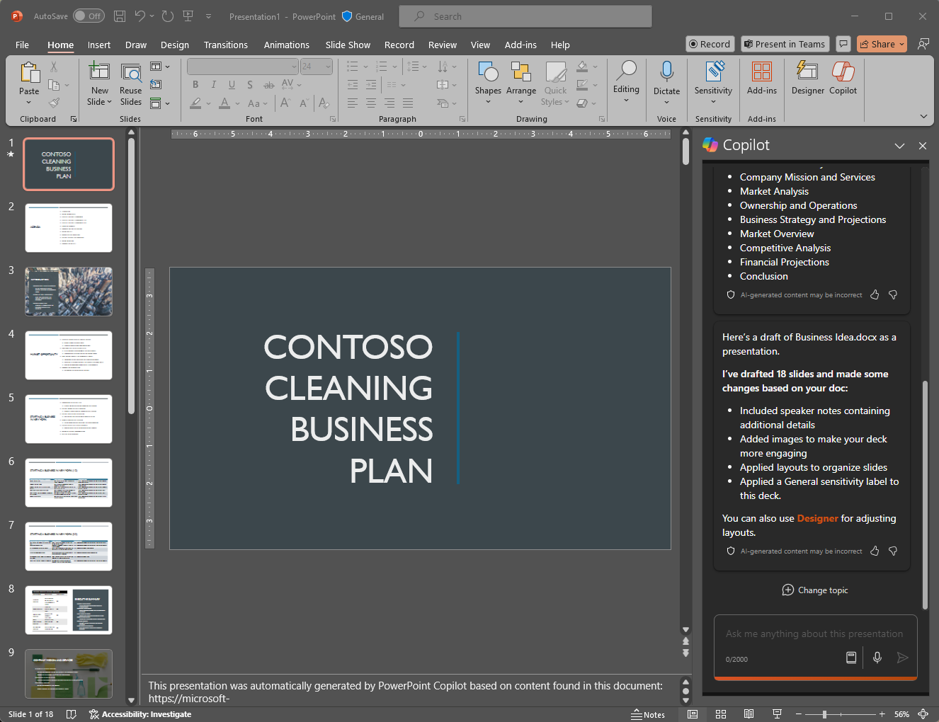 Screenshot of PowerPoint presentation created by Copilot from a Word document.