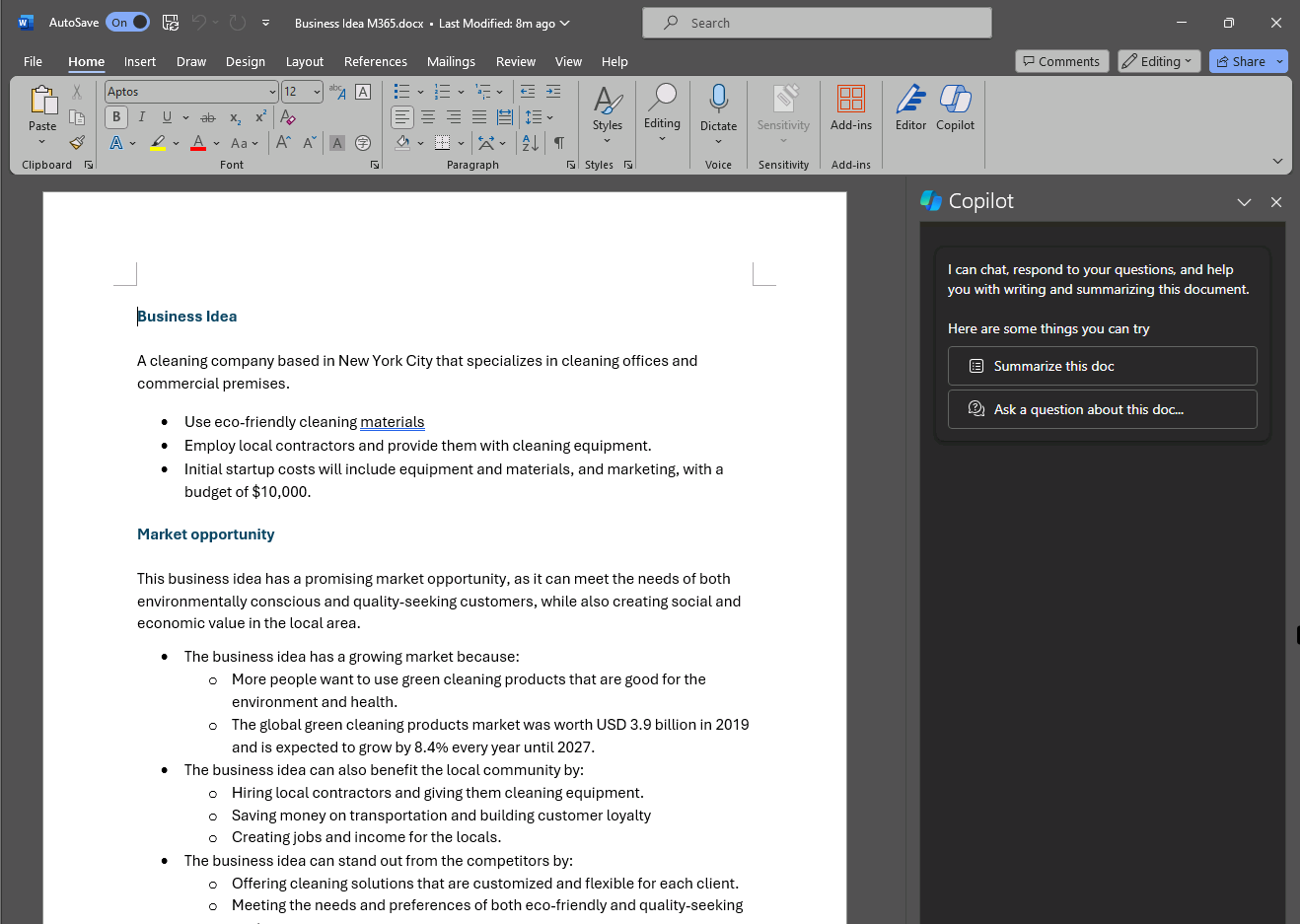 Screenshot of the Copilot pane in Microsoft Word.