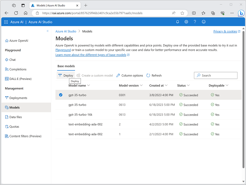 Screenshot of the Models page in Azure AI Studio.