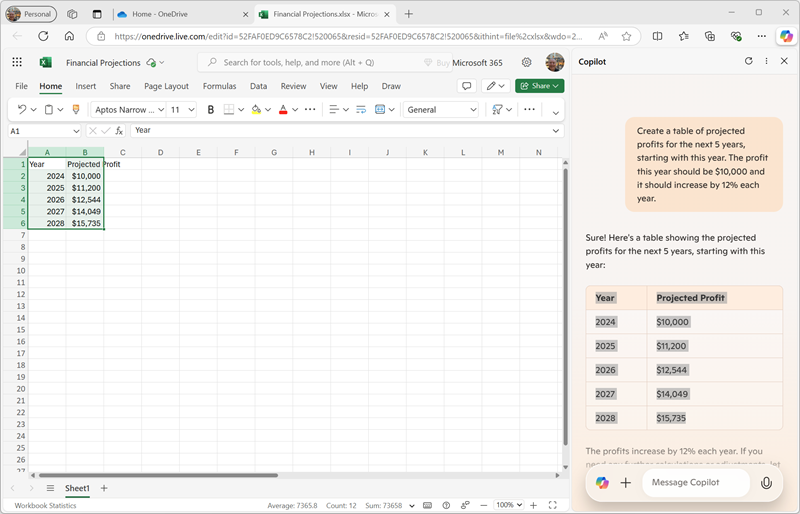 Screenshot of an Excel workbook with Copilot-generated data.