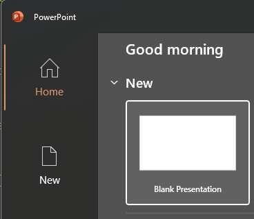 Screenshot of creating a new blank presentation in PowerPoint.