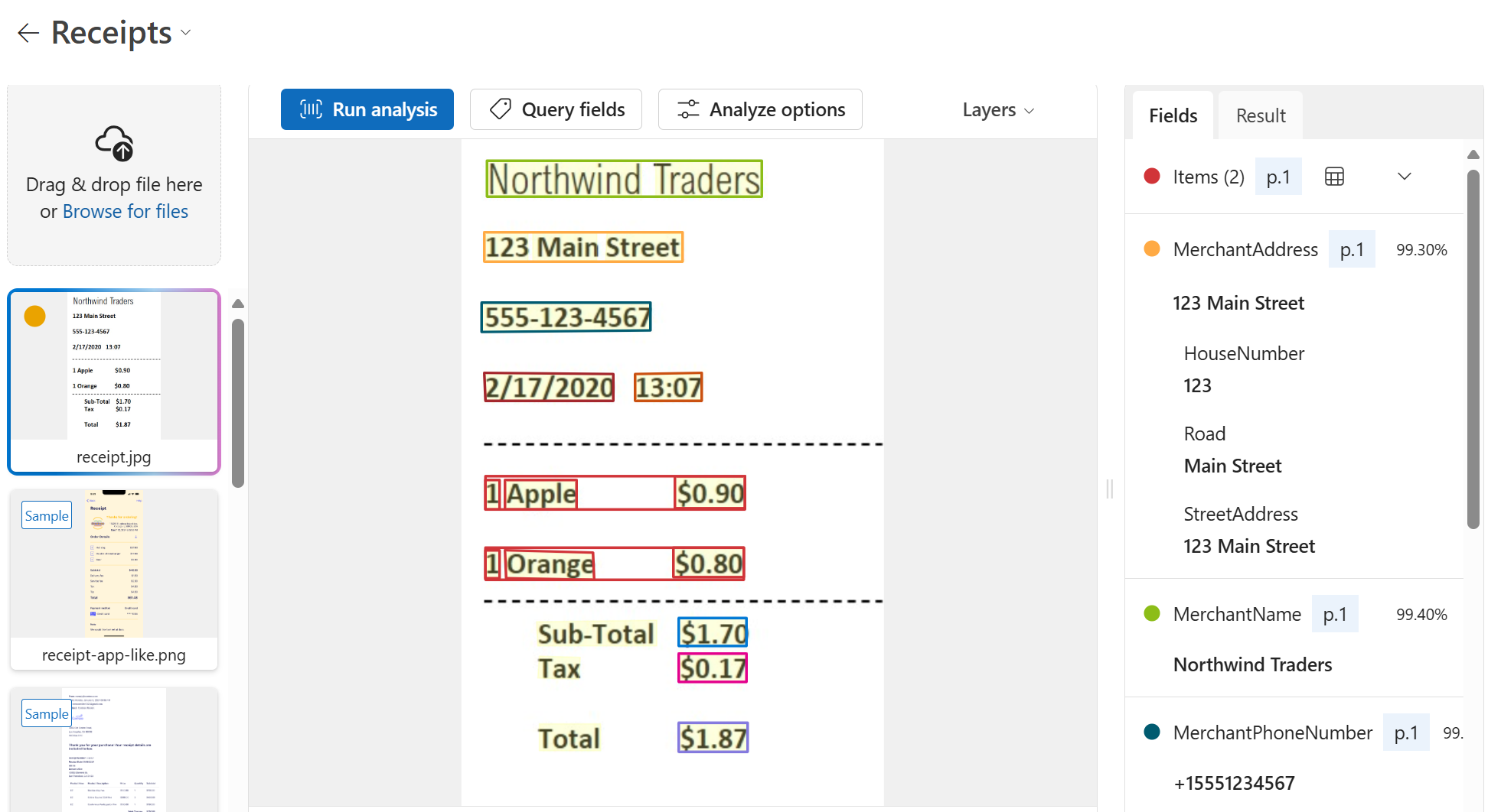 Screenshot of receipt analysis result in Azure AI Foundry portal, showing bounding boxes around data fields and he text in those extracted fields.