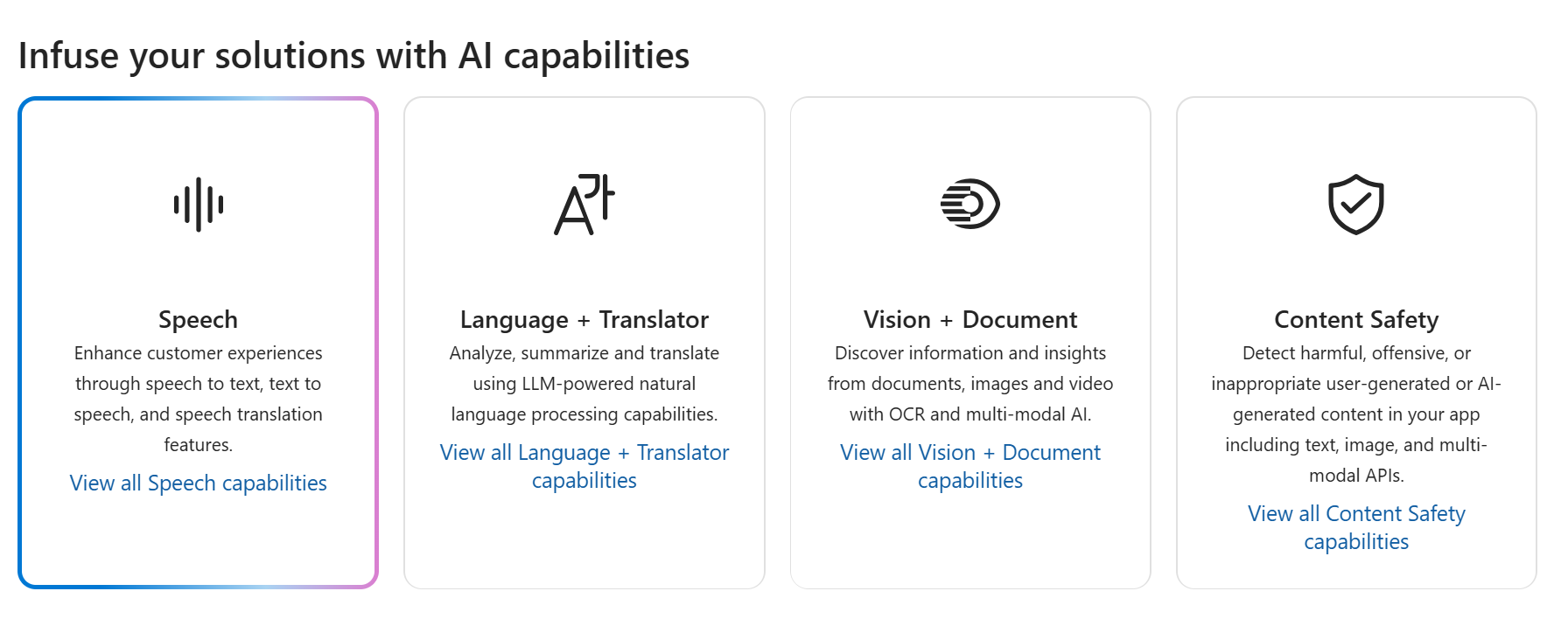 Screenshot of the Speech tile selected on the AI Services page.