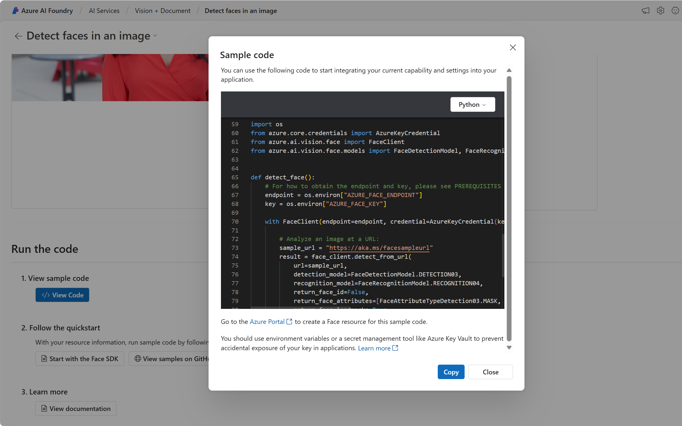 Screenshot of the view code screen with a view of the code placeholders for key and endpoint.