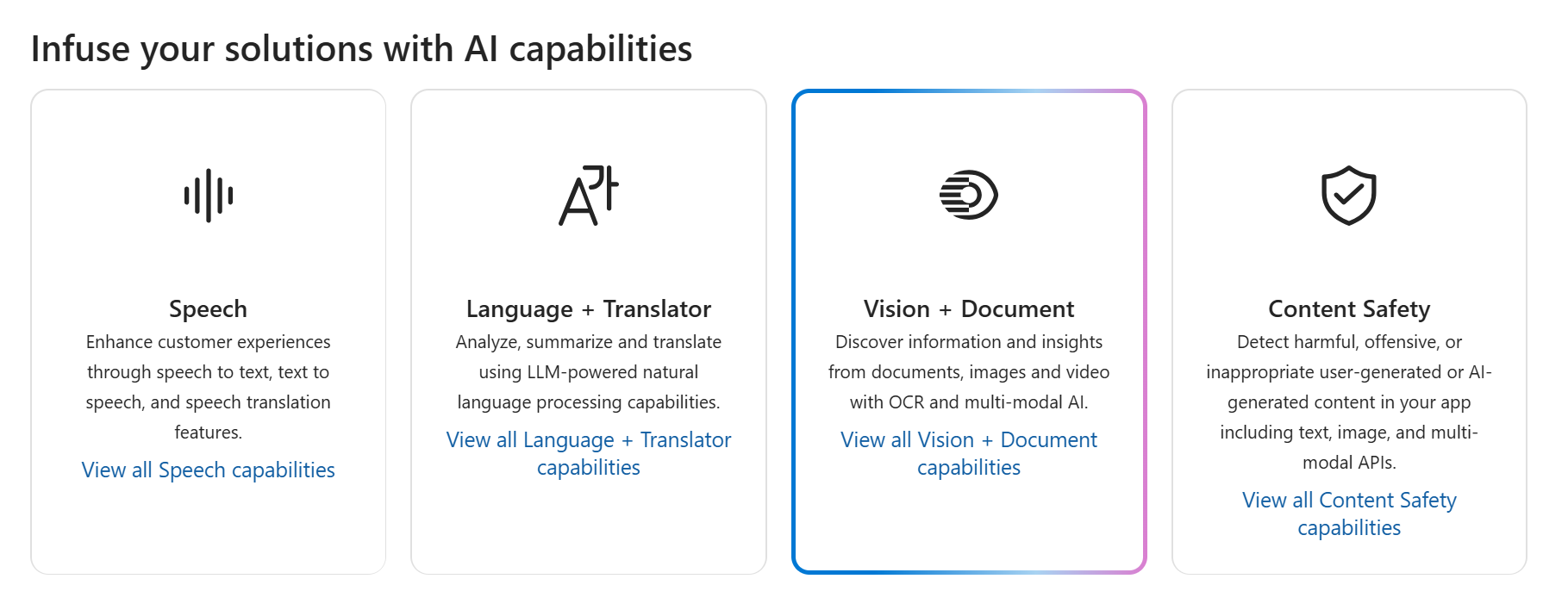 Screenshot of the Vision and Document tile selected on the AI Services page.