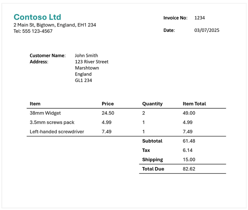 Image of an invoice number 1234.