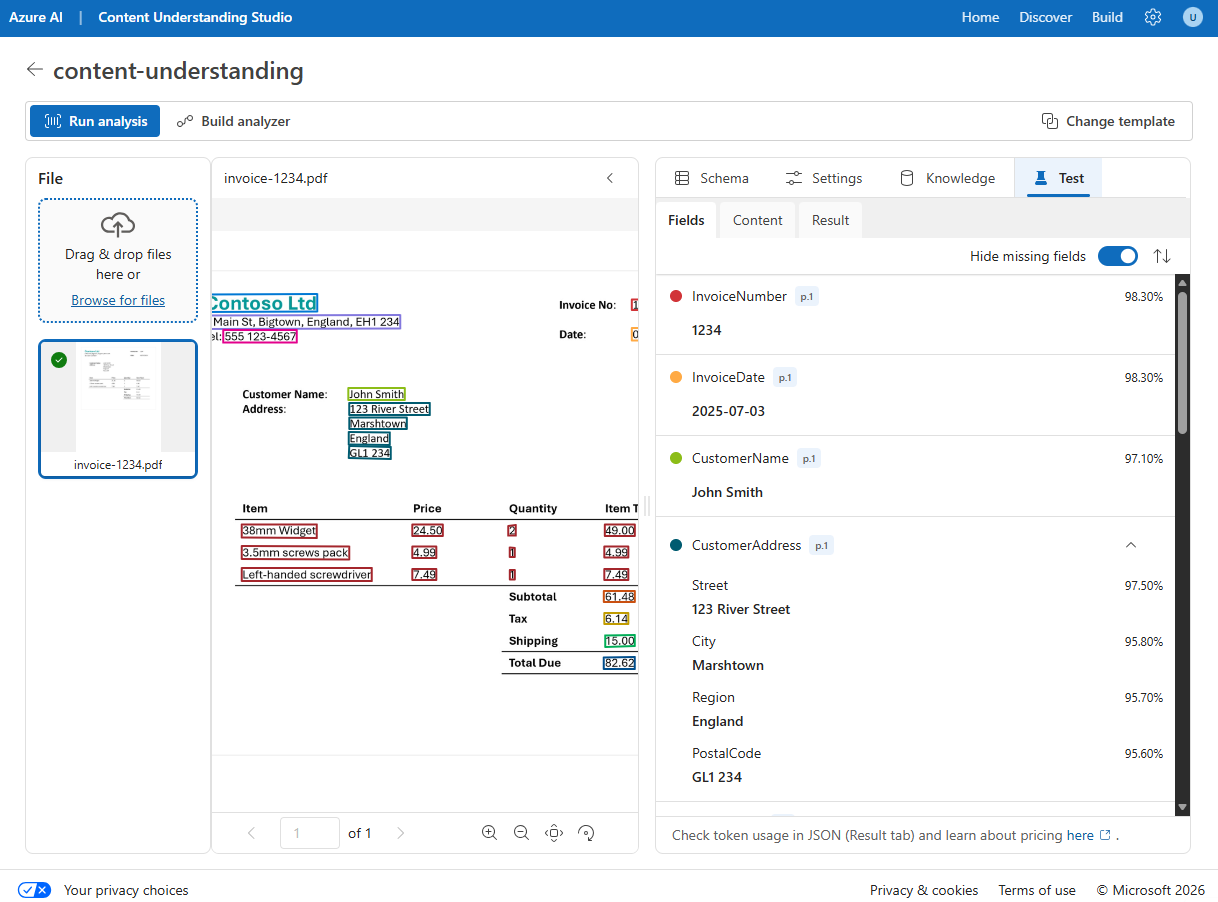 Screenshot of invoice analysis test results in Content Understanding Studio showing extracted field values from the sample invoice.