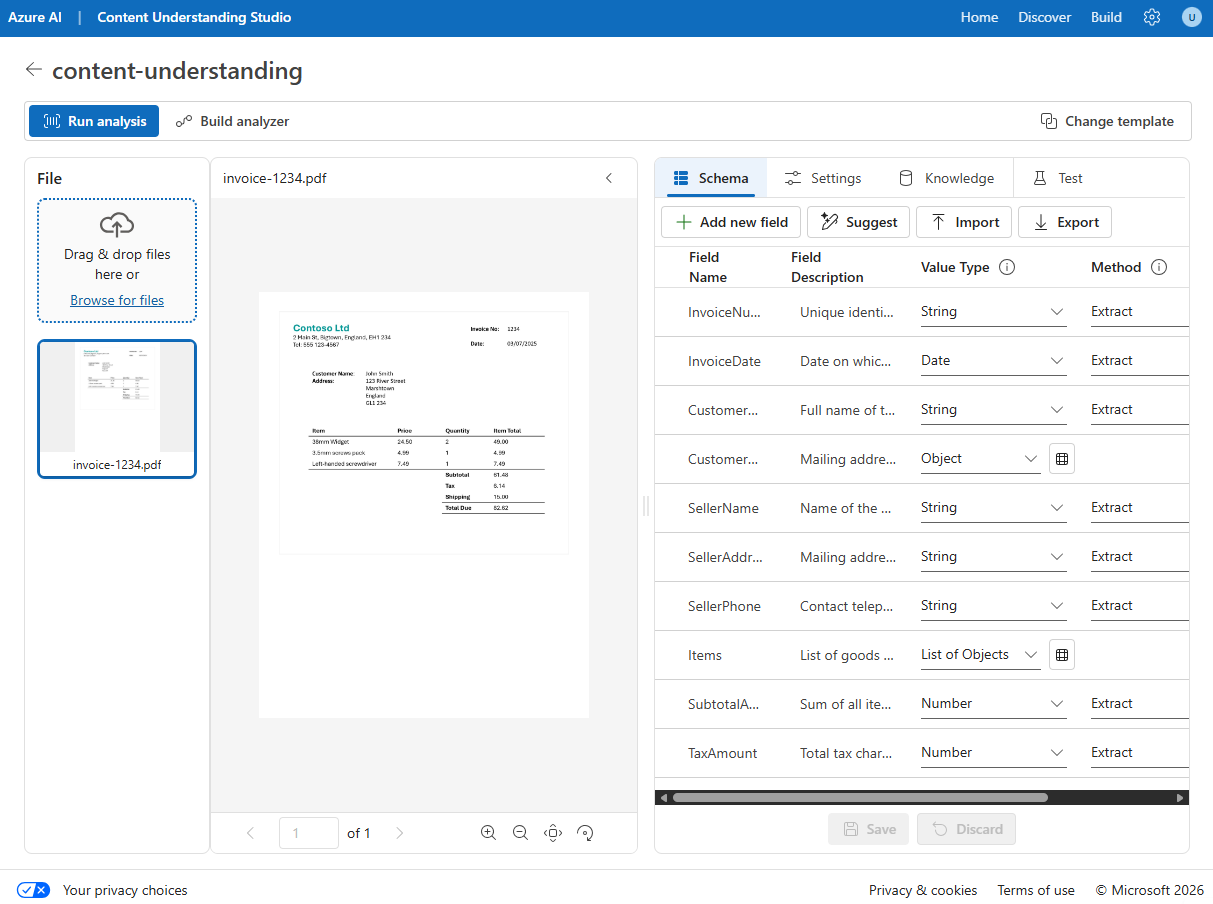 Screenshot of the invoice analyzer schema in Content Understanding Studio showing fields such as VendorName, InvoiceDate, SubTotal, Items, and TotalQuantity.