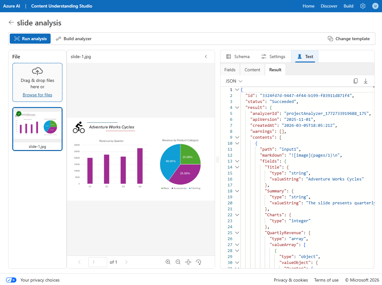 Screenshot of image analysis test results in Content Understanding Studio showing extracted fields from the slide including revenue data and product categories.