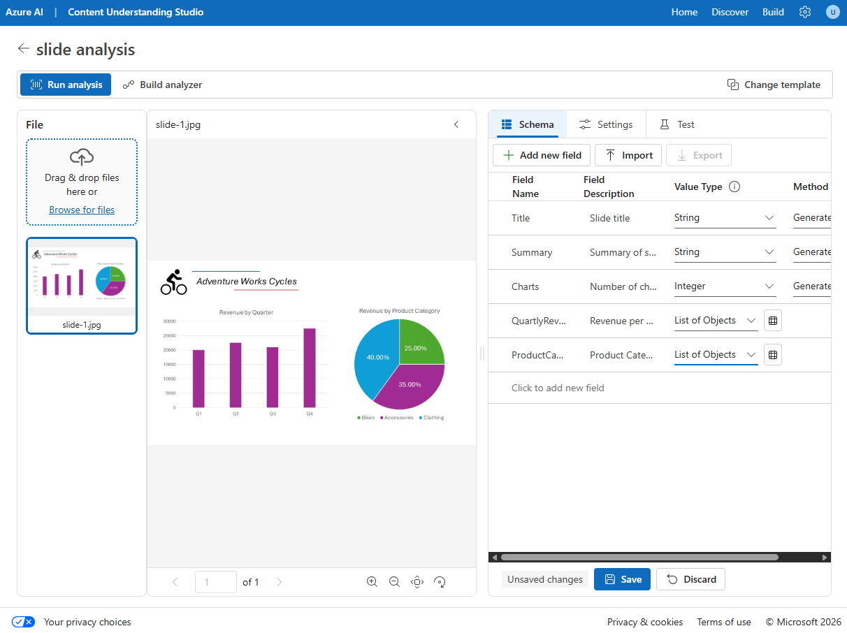 Screenshot of the image analyzer schema in Content Understanding Studio showing fields for Title, Summary, Charts, QuarterlyRevenue, and ProductCategories.