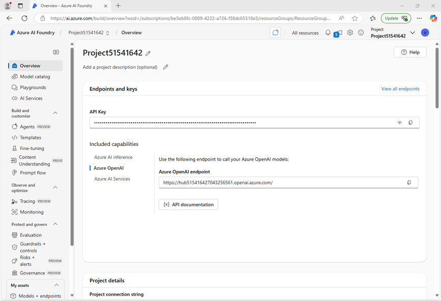 Screenshot of a Azure AI project details in Azure AI Foundry portal.