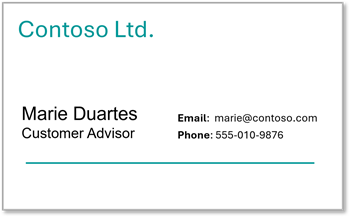 A business card for Mary Duartes, an Contoso employee.