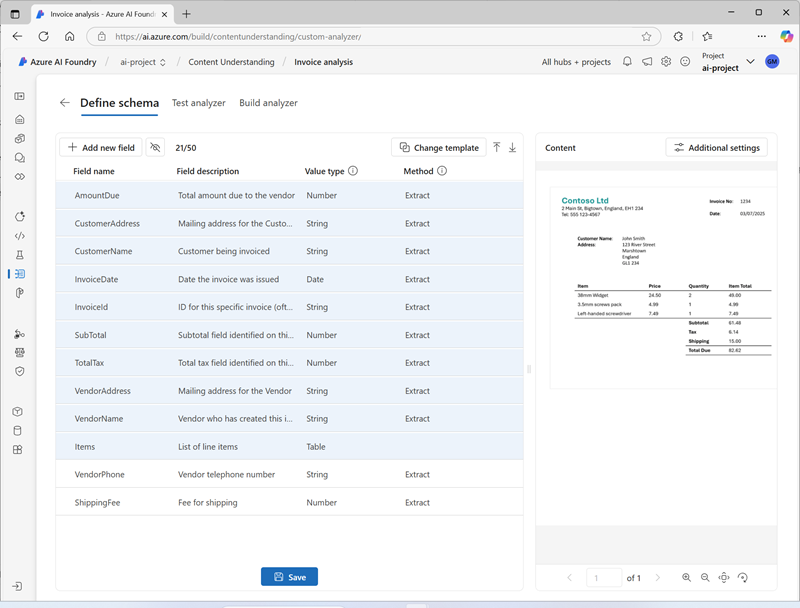 Screenshot of a schema for an invoice.