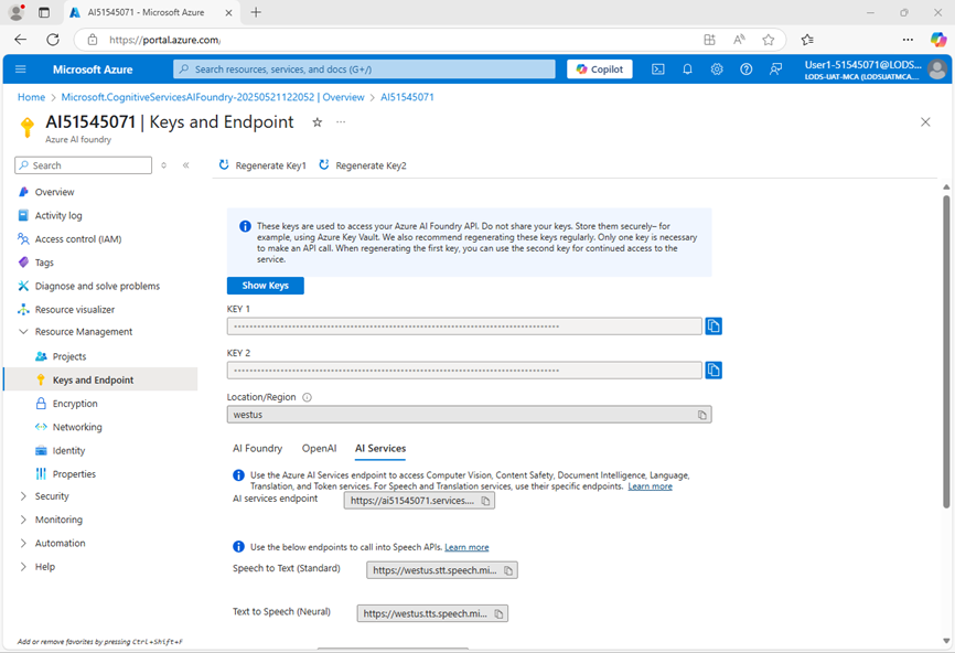 Screenshot of Content Understanding keys and endpoint in the Azure AI portal.