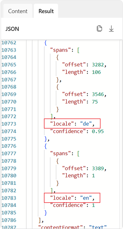 Screenshot showing the detection of language for two spans in the results from the read model in Azure AI Document Intelligence Studio.