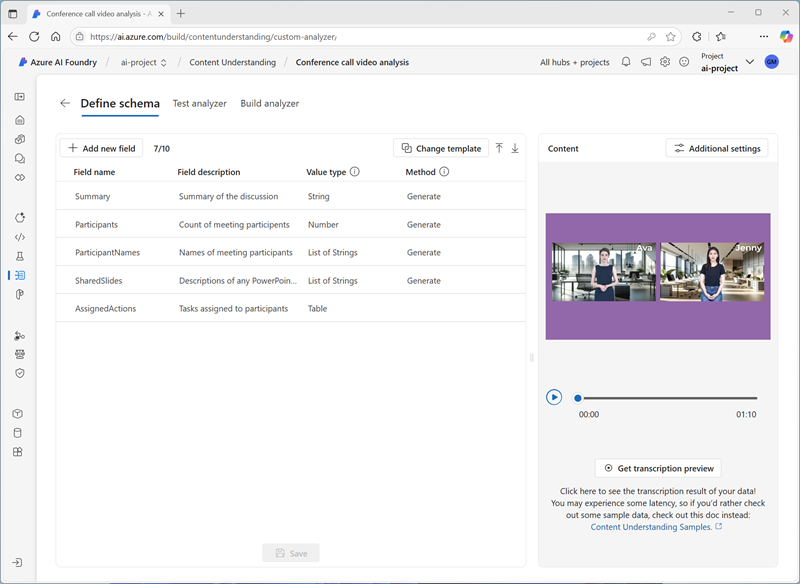 Screenshot of a schema for a conference call video recording.