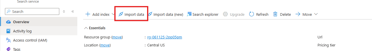 Screenshot of the Azure Search Service highlighting import data.
