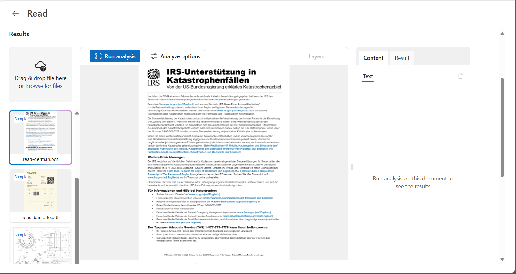 Screenshot showing the Read page in Azure AI Document Intelligence Studio.