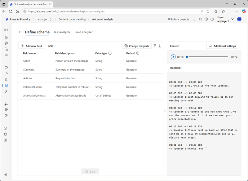 Screenshot of a schema for a voicemail recording.