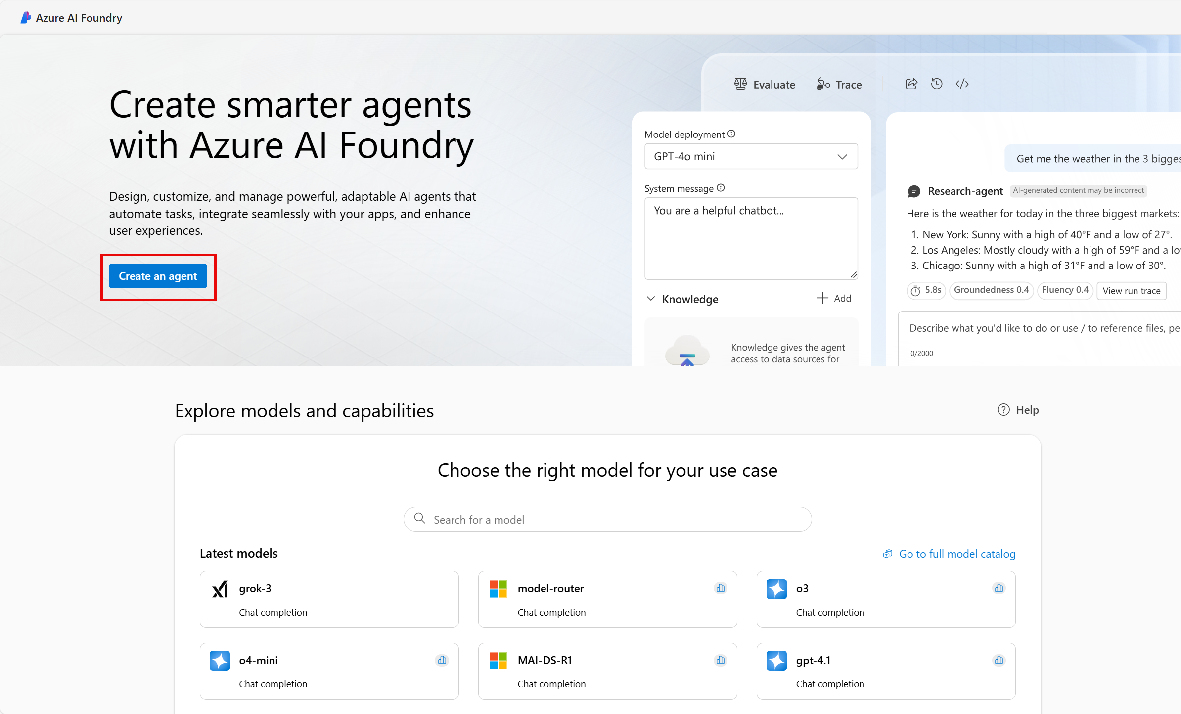 Screenshot of Azure AI Foundry home page with create an agent selected.