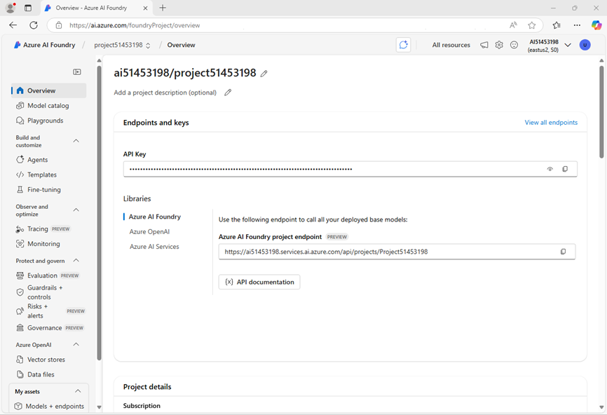 Screenshot of a Azure AI Foundry project overview page.