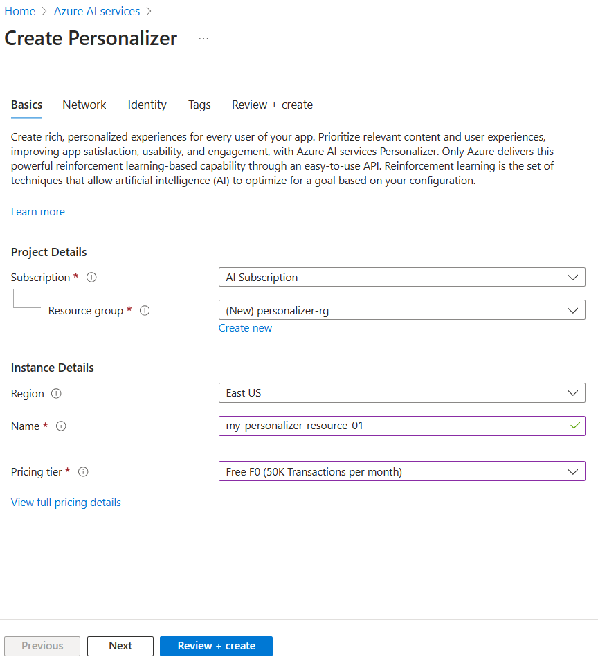 A screenshot of the Azure portal showing how to create an Azure AI Personalizer resource
