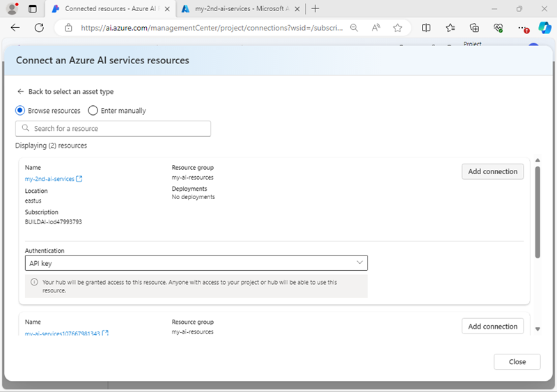 Screenshot of the Connect an Azure AI services resources dialog box in an AI Foundry project.