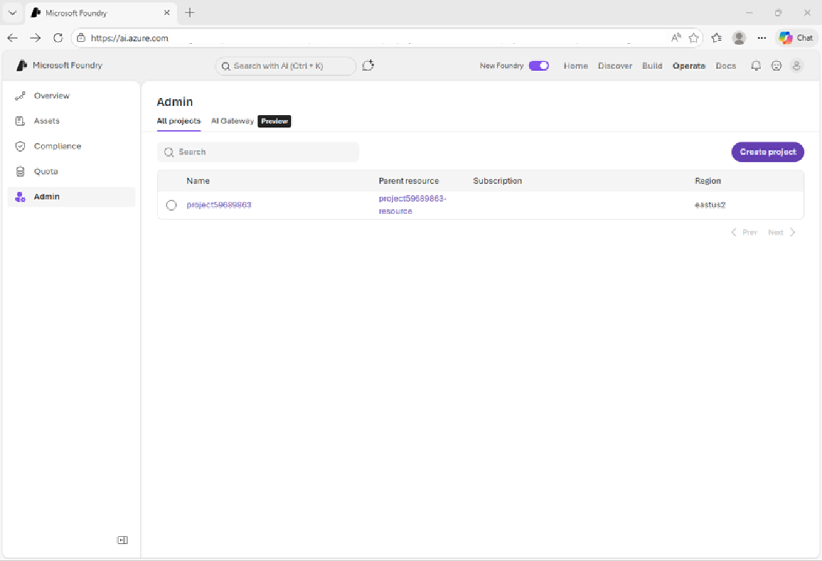 Screenshot of the Admin page in Foundry portal.