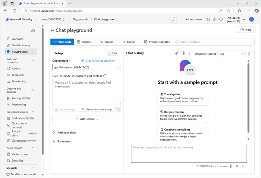 Screenshot of a Azure AI Foundry project chat playground.